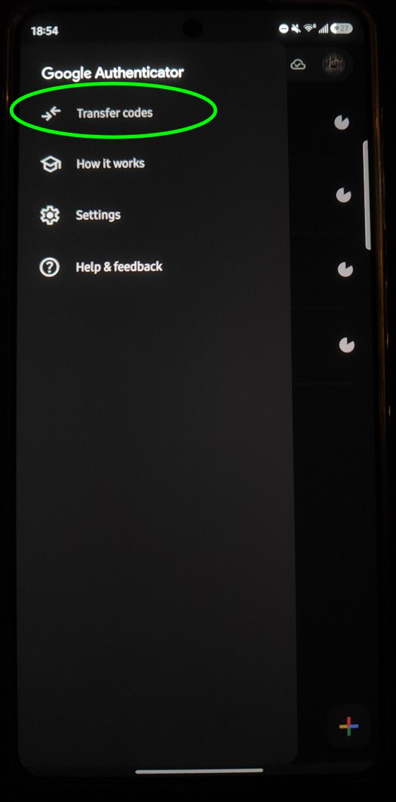 Google Authenticator menu with Transfer codes highlighted
