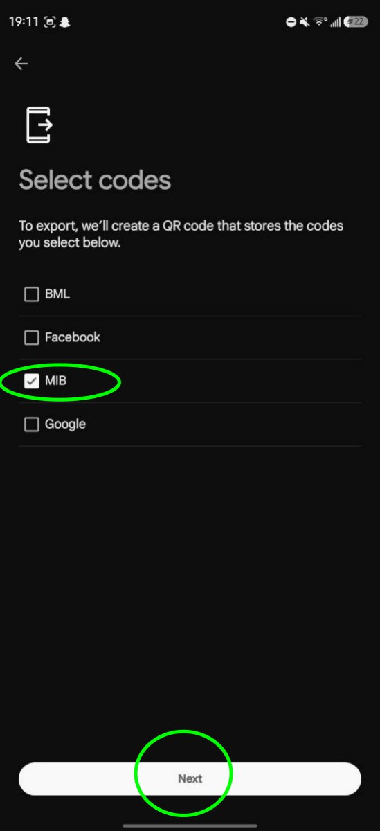 Select codes screen with only MIB checked and the Next button highlighted