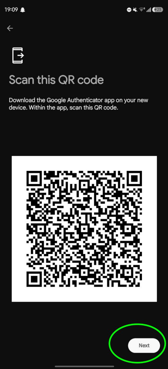 Google Authenticator Scan this QR code screen with the Next button highlighted