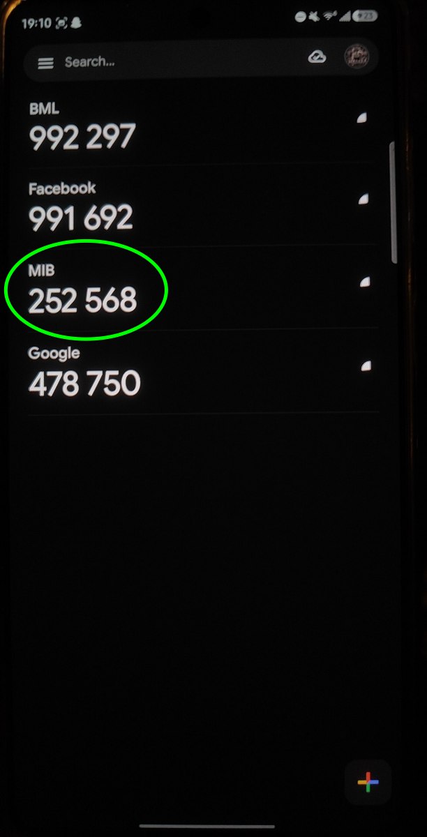 Google Authenticator list with the MIB code highlighted