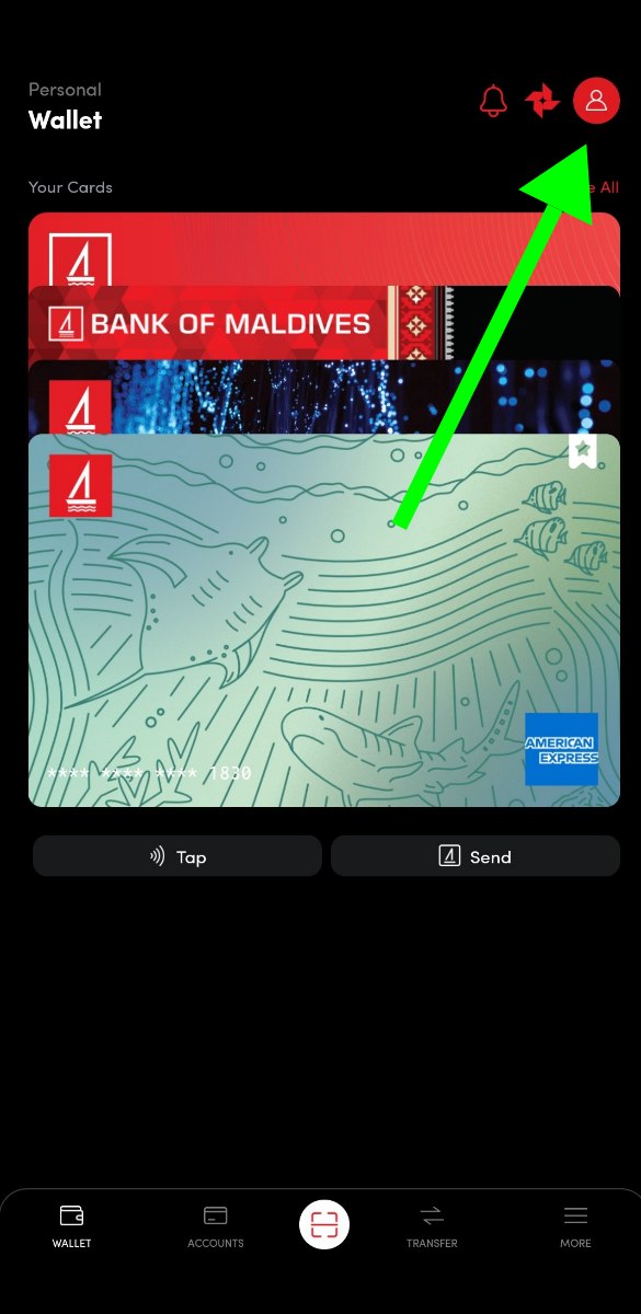 BML app wallet screen with the profile icon highlighted