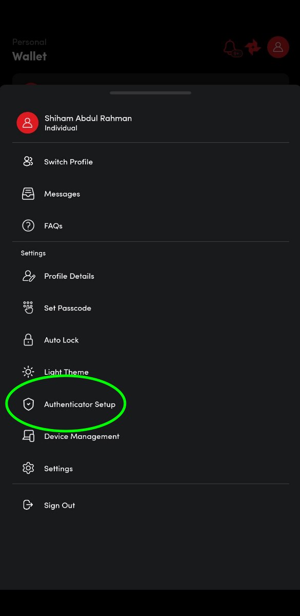 Profile menu with Authenticator Setup highlighted
