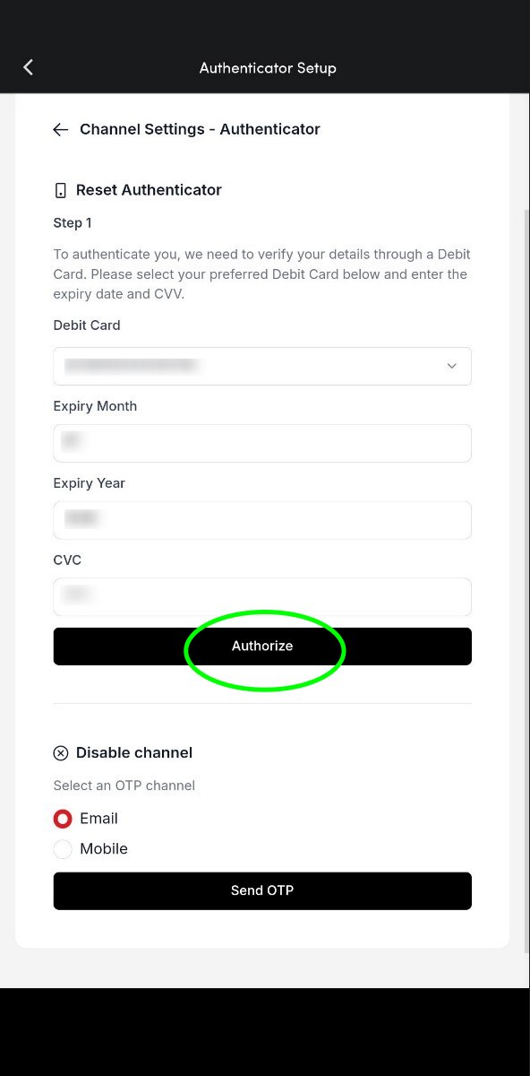 Debit card verification form with the Authorize button highlighted