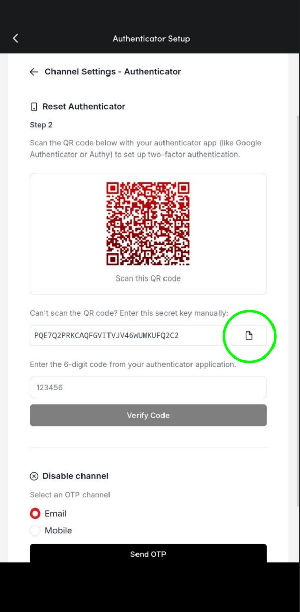 QR code screen with the copy button next to the secret key highlighted