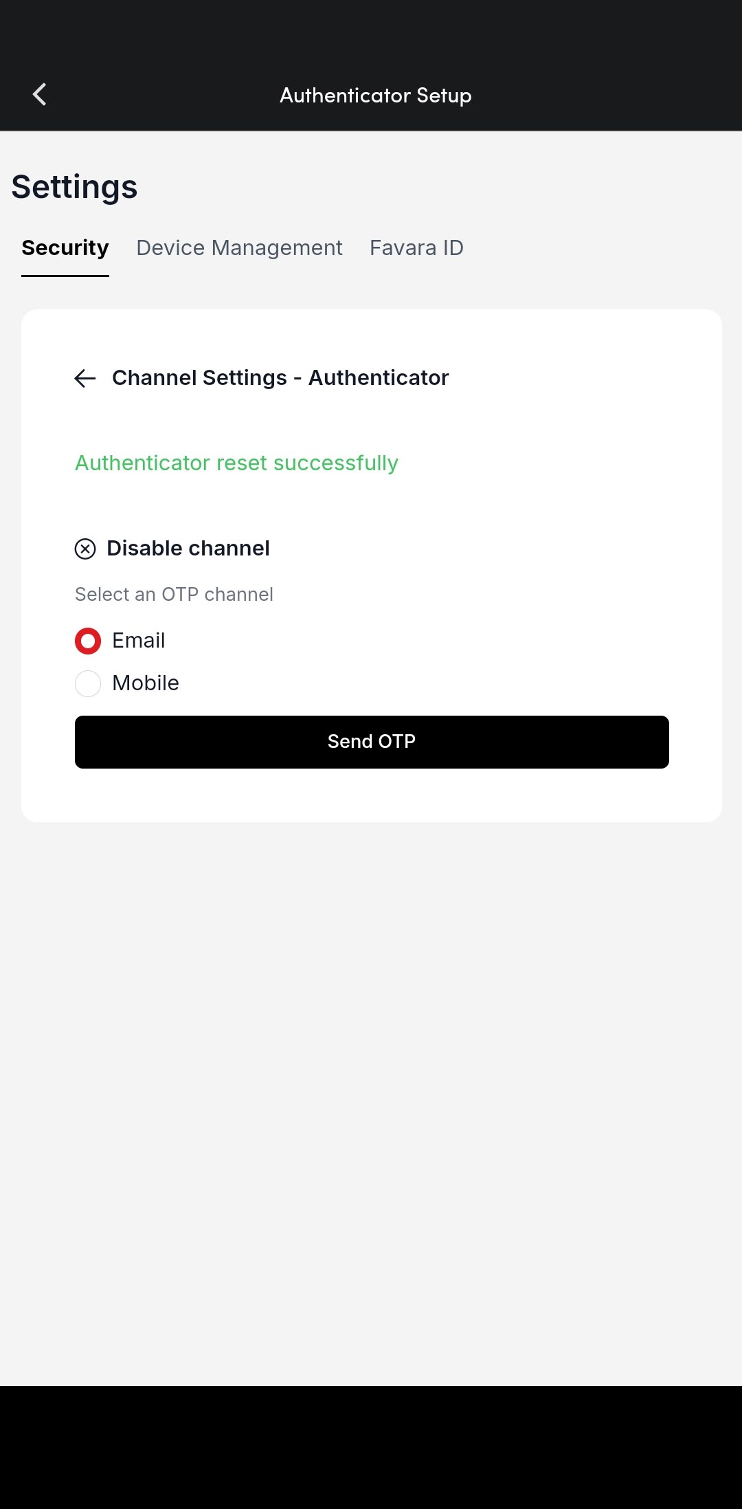 Authenticator reset successfully message