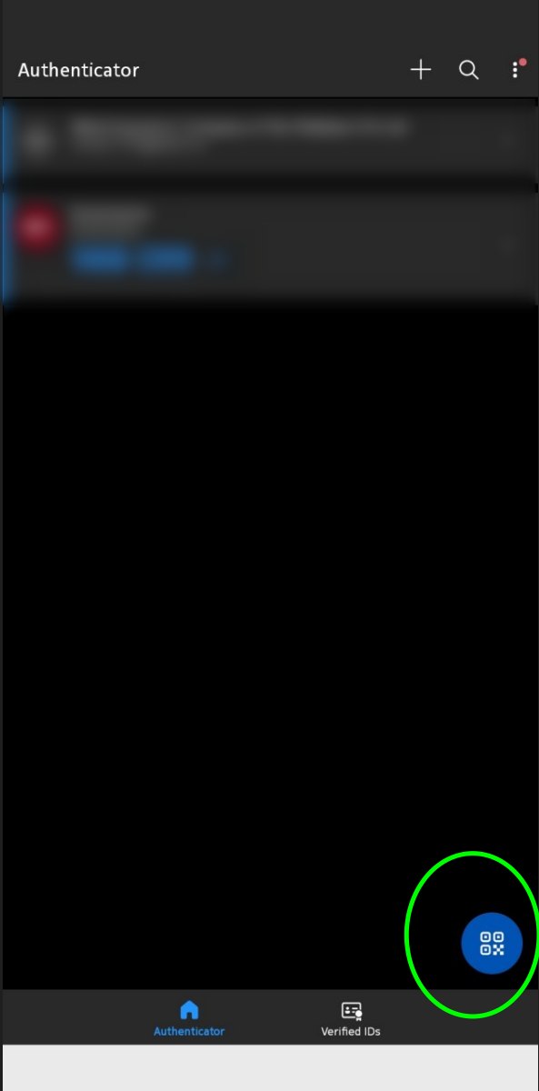Microsoft Authenticator home screen with the QR code button highlighted