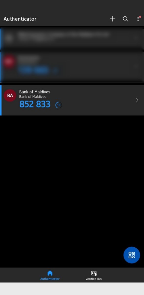 Bank of Maldives account in the Microsoft Authenticator list showing a 6-digit code