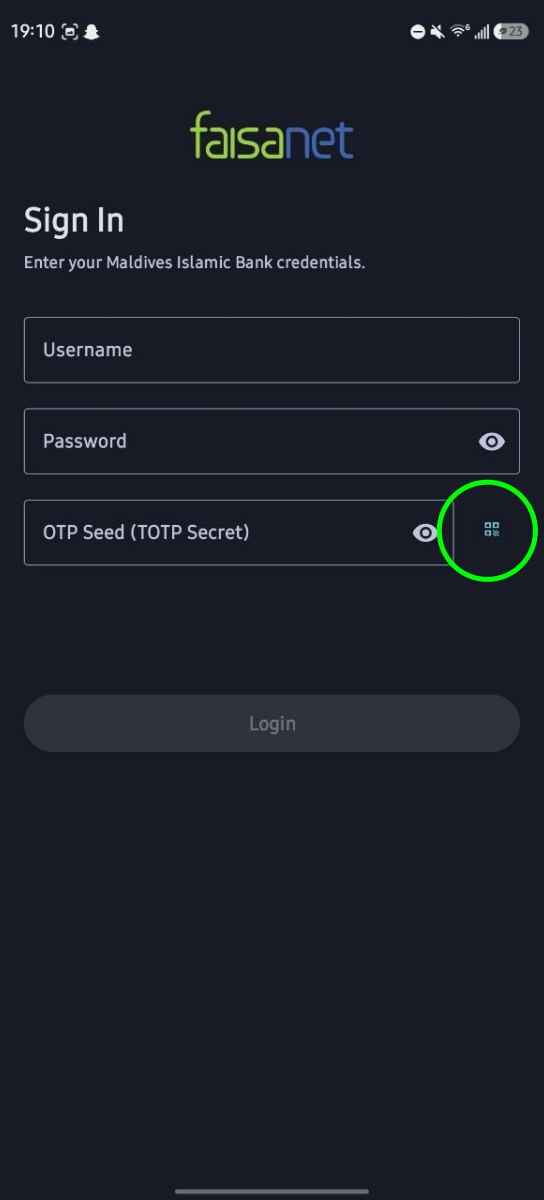 Thijooree sign-in screen with the QR button next to the OTP seed field highlighted