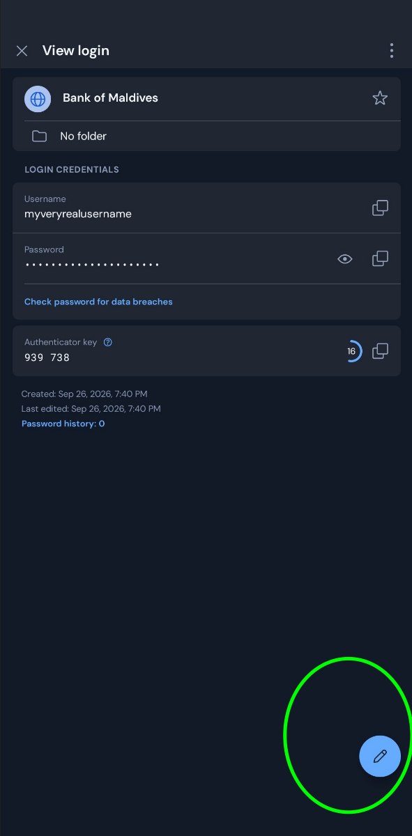 Bitwarden View login screen for Bank of Maldives with the edit button highlighted
