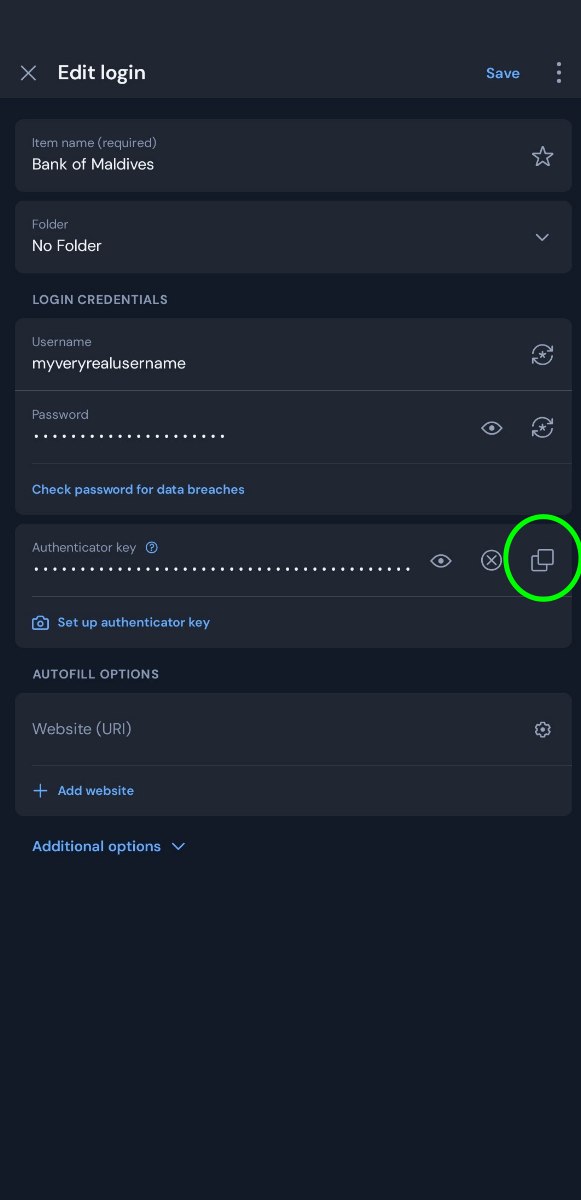 Bitwarden Edit login screen with the copy button next to the Authenticator key highlighted