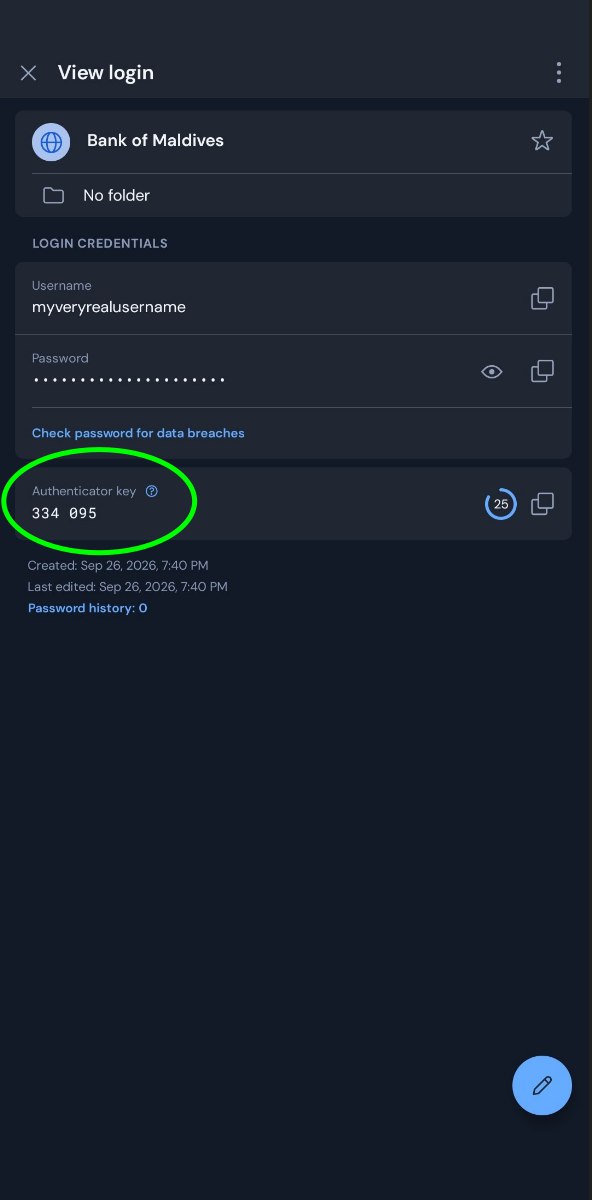 Bitwarden View login screen with the Authenticator key code highlighted, matching Thijooree