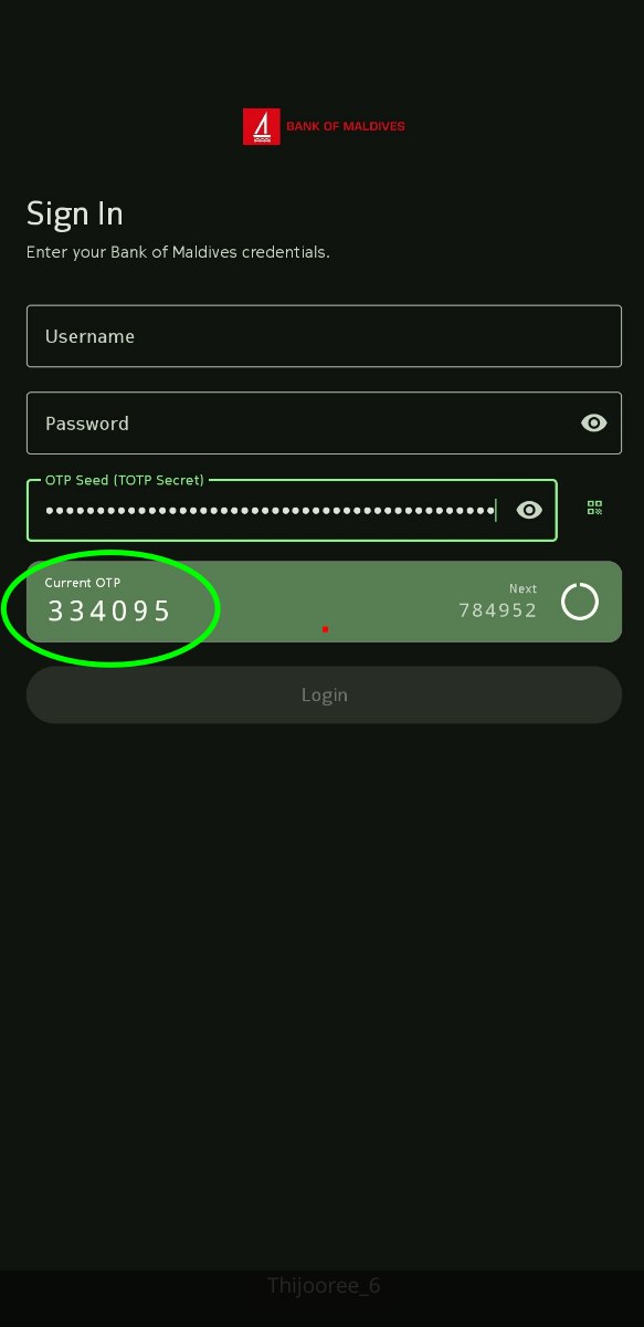 Thijooree sign-in screen with the OTP seed filled in and the current OTP shown