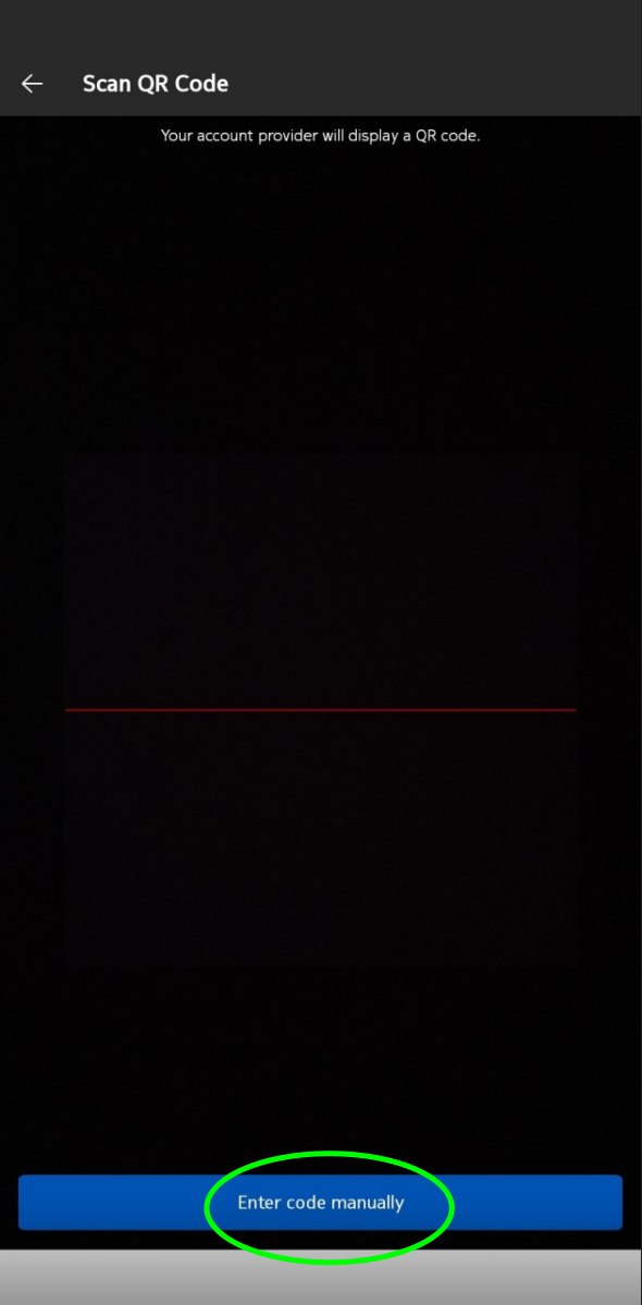 Scan QR Code screen with the Enter code manually button highlighted