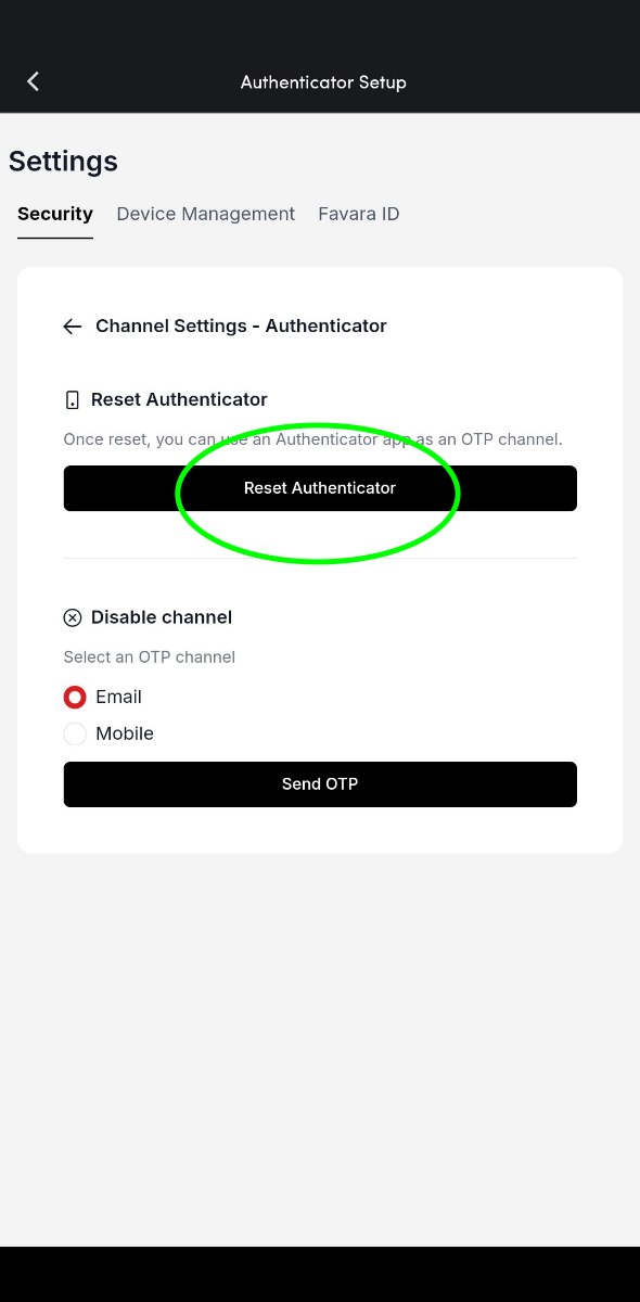 Channel Settings screen with the Reset Authenticator button highlighted