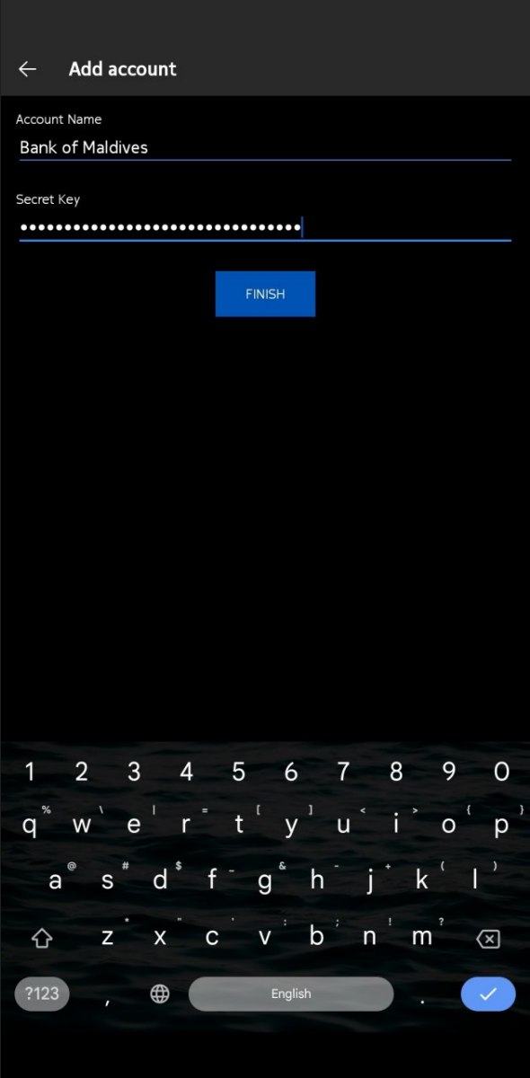 Add account form with account name and secret key filled in