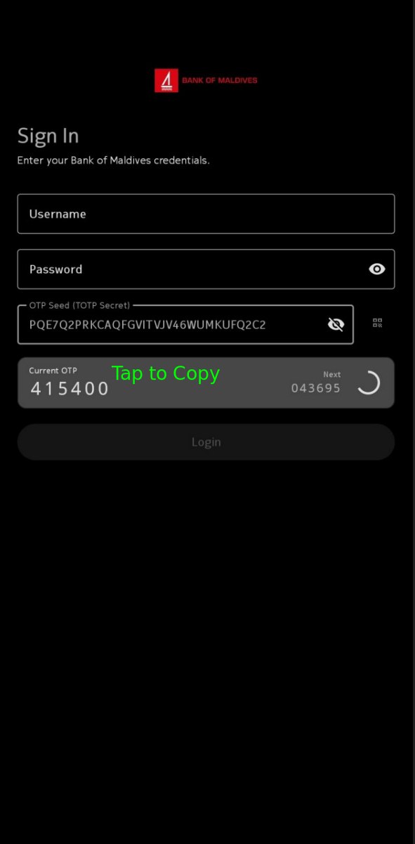 Thijooree sign-in screen with the OTP seed filled in and the current OTP shown