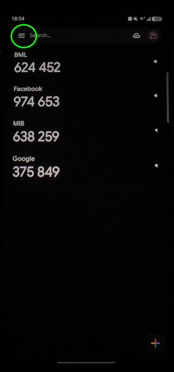 Google Authenticator home screen with the menu button highlighted