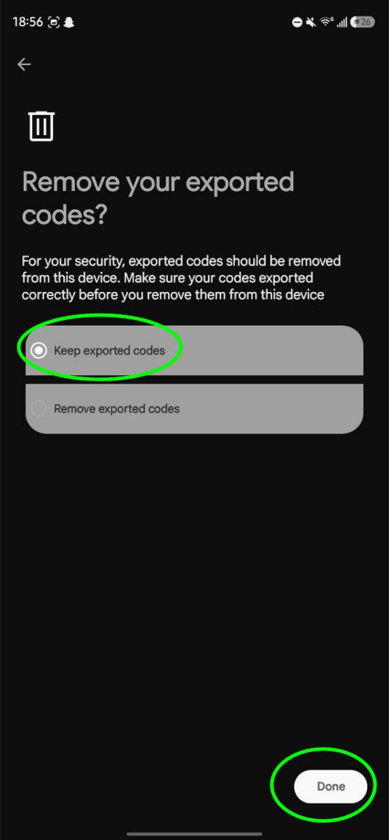 Remove your exported codes screen with Keep exported codes and Done highlighted